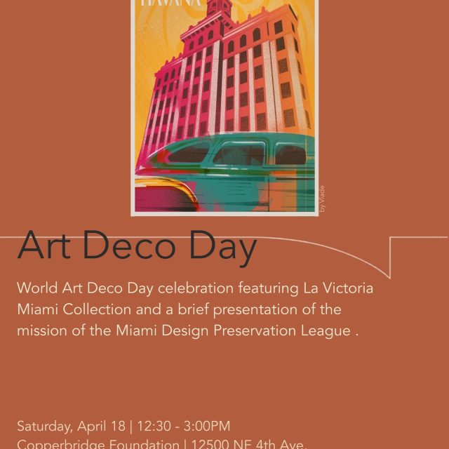 This Saturday, April 18th — North Miami as part of its centennial celebrations joins Copperbridge Foundation to offer tours, talks, exhibits and activations as part of upcoming World Art Deco Day, learn about MDPL, a leading voice in preserving and elevating this iconic heritage.

At Copperbridge Foundation, we join this citywide moment with a curated experience that brings together art, architecture, and community.

An afternoon to explore the visual language of Art Deco and its relevance today:

— Presentation of the La Victoria Miami Collection.
— Introduction of the 7 artists shaping this collection.
— Brief presentation on the mission of the MDPL.
— Open space for dialogue, connection, and design appreciation.

More than a program, this is an invitation to engage with how Art Deco continues to shape the cultural identity of our city.

Saturday, April 18 | 12:30 – 3:00 PM
12500 NE 4th Ave, North Miami.

Architects, designers, artists, and the community — this is your space.

RSVP recommended.
🔗 link in bio.

@miamiartist 
@danay_napoles @danay.napoles 
@mromalde 
@noelsuarezartist_miami 
@dcollazo24687 
@noel.morera.5 
@vlade_graphik 
@lavictoriamiami 
@geo.darder 
@palm_trees_coconuts