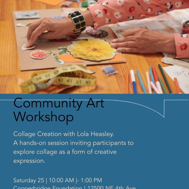 Join us this April 25 at Copperbridge, as we open a space for observation, creation, and connection. 
Copperbridge aligns its past exhibits on recycled materials and the environment with this moment in outsider art.
We are joined by Lola Heasley, a naturalist from Enchanted Forest, whose practice works with flowers, leaves, and organic elements. She will guide us in creating from what is essential—from what we find, gather, and often overlook. 
This collage workshop begins not with printed images, but with the living—texture, natural color, and the simple gesture of gathering and transforming. There is something special about working with what the earth gives us—without forcing, just listening. 
At Copperbridge, we have always believed that art is a way to reconnect—with surroundings, with process, and with one another. 
We invite you to share this moment, creating with intention, not pressure. 
Saturday, April 25, 10:00 AM – 1:00 PM, 
Copperbridge Foundation, 12500 NE 4th Ave, North Miami. 
Bring natural elements you find, or work with what we provide. 
RSVP at the link in bio.