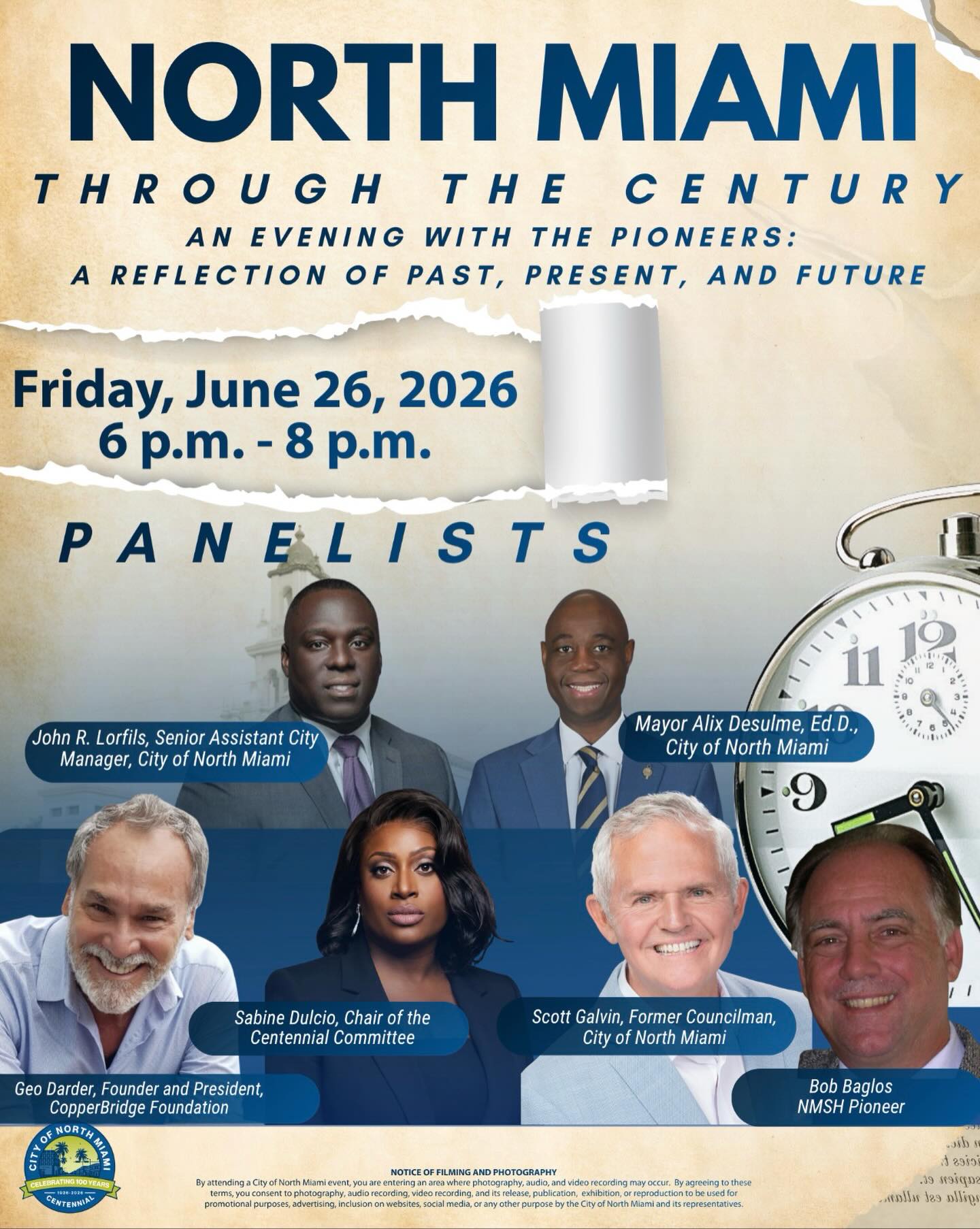 North Miami Centennial Speaker Series: A Journey Through Our City’s History

Friday, June 26, 2026 | 6:00 PM – 8:00 PM
North Miami Senior High School Auditorium
13110 NE 8th Ave, North Miami, FL 33161

The Copperbridge Foundation is pleased to recommend this special Centennial event organized by the City of North Miami.

As North Miami proudly celebrates its 100th Anniversary, this unique evening will bring together a remarkable group of North Miami Senior High School alumni whose contributions have helped shape our city and extend its influence far beyond our community. It is an opportunity to reflect on our shared history, celebrate our achievements, and discuss the future of North Miami.

We are especially proud that Geo Darder, Founder of the Copperbridge Foundation, has been invited to serve as one of the panelists. He will share his perspectives on North Miami’s Past, Present, and Future, drawing from decades of community involvement, cultural leadership, and civic engagement.

Join us for this inspiring historical journey and celebration of the people, places, and stories that have defined North Miami over the past century.

Event Details
📍 North Miami Senior High School Auditorium
13110 NE 8th Ave, North Miami, FL 33161

📅 Friday, June 26, 2026

🕕 6:00 PM – 8:00 PM

We look forward to celebrating North Miami’s Centennial with you.