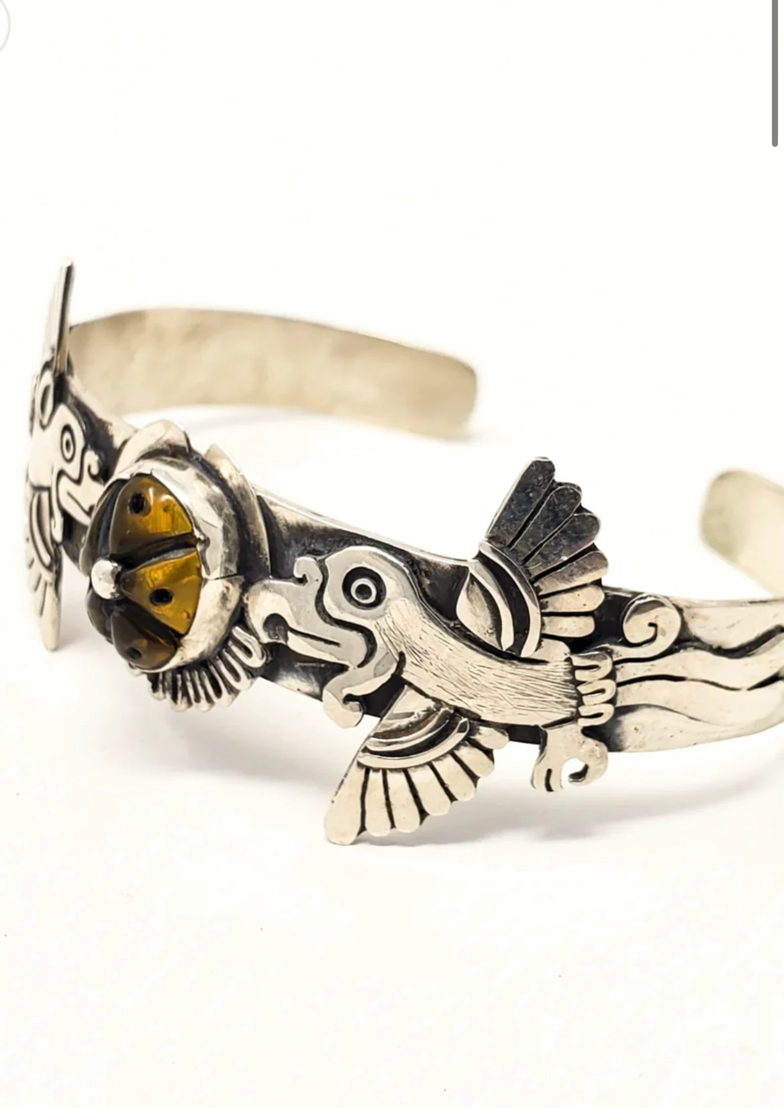 David Gutierrez - "Silver Hummingbird Cuff Bracelet with Peyote shaped Jade Cabochon Stone embedded"