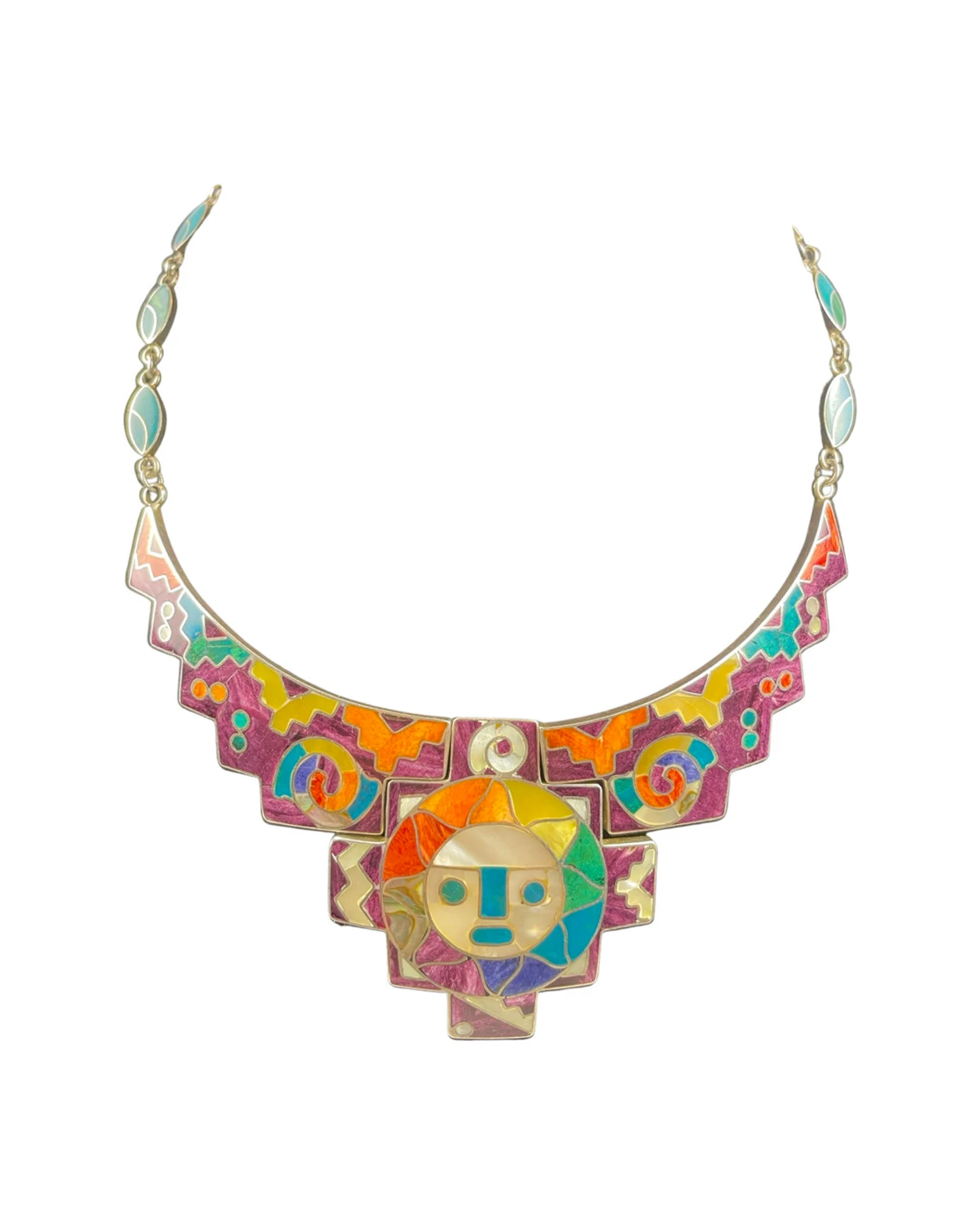David Gutierrez - "Andean Sun Pectoral Necklace with Shell, Coral & Stone Inlay"